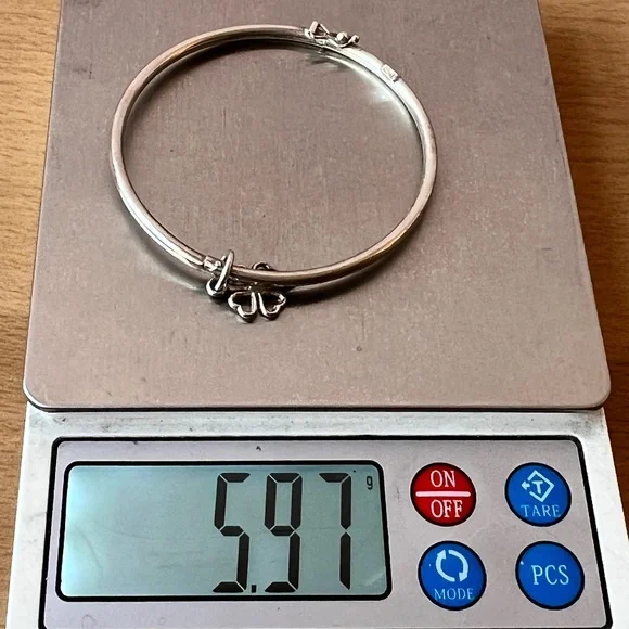 VINTAGE 850 SILVER CHILD BANGLE BRACELET WITH SHAMROCK CHARM SECURE LOCK UNIQUE